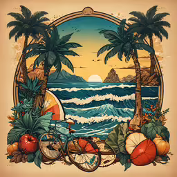 a tropical scene with two palm trees, a surfboard and various objects,a painting on the back of a wall with palm trees, water and fruits