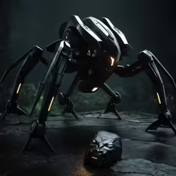 a spider in the dark is standing next to a helmet