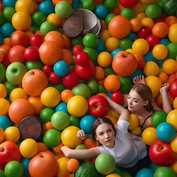 two women laying in a pool of fruit