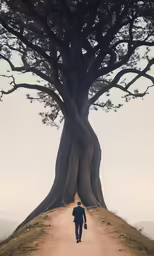 a person walks up a dirt road beside a tall tree