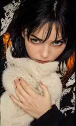 a young lady with a fur coat and her hands together