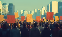 there are many people holding signs in the crowd