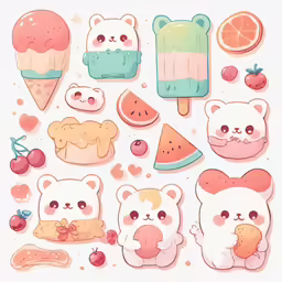 a bunch of cute animals and fruit in various shapes