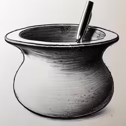 an ink drawing of a white vase and a pen
