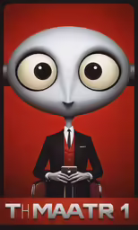 a poster of a guy with big eyes in a suit and tie with an alien head
