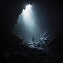 a man standing in a cave and light shining into the dark