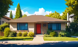 a nice home with a very big red door and nicely trimmed landscaping