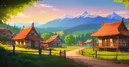 a computer generated illustration of an old wooden house with a red roof,an image of a beautiful scenery with wooden houses and mountains