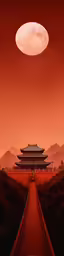 a path leading to a temple under an orange sky