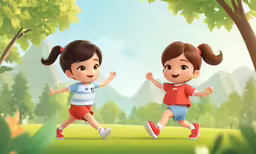 a couple of small children are running around a forest