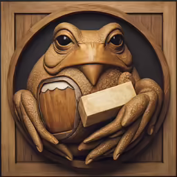 a carved frog holding a piece of wood