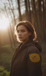 woman in brown jacket standing in the woods