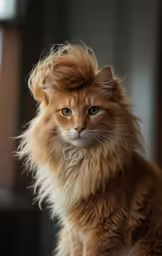 an orange cat with blonde hair sitting down