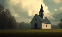 a church in a field with trees and clouds in the background