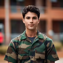 young male in army uniform standing next to building