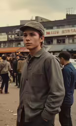 a man is standing in front of a market