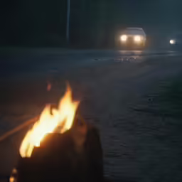 two cars driving on a trail next to a fire