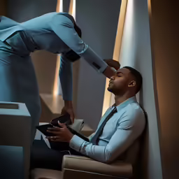 a man looking down at something while another man puts his shoe on