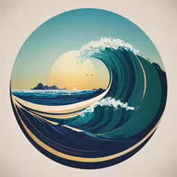 a painting of waves and birds flying over the top,an abstract wave with the sun setting over it