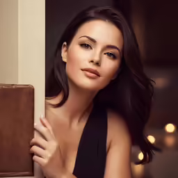 a woman in black top leaning against wall with brown suitcase