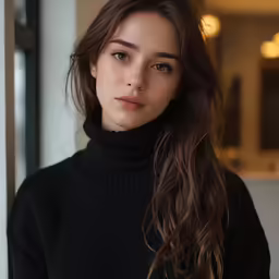 a woman in black sweater posing for the camera