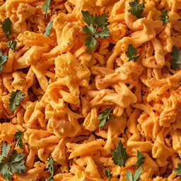 a pan filled with macaroni and cheese, topped with parsley