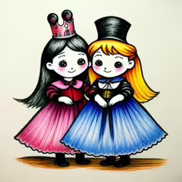 a couple of young girls with long blonde hair and a top hat,two adorable little girls with tiaras and wearing colored dresses
