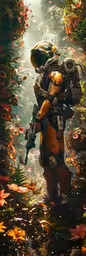 a person in an orange outfit and a gun,a soldier walks through some leaves on the ground