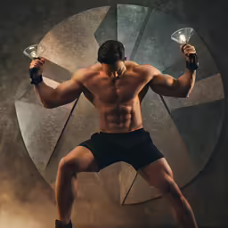 a shirtless man standing with both hands raised holding some crystal