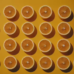many slices of orange arranged in a grid on an yellow surface