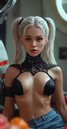 the girl is wearing black lingerie and has her hands on her hips