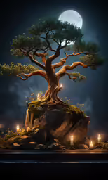 a bonsai tree is pictured against the backdrop of the moon and lit candles