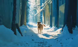 a dog walking down a path of snow in a woods