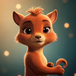 an adorable, little squirrel cartoon character standing in front of a blue background