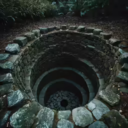 a circular fire pit made from rock bricks