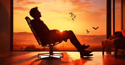 a person sitting in a chair with the sun shining,a person sitting on an office chair in a room with the sun setting behind them