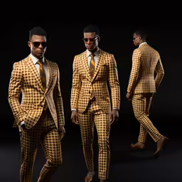 three male model dressed in plaid clothing in an image,three people in suits and ties are posing
