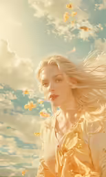 the woman is standing under a sky full of butterflies