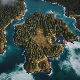 an aerial view of trees and some water