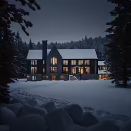 a large house lit up with windows during the night