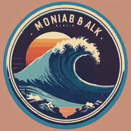 a stylized and retroized, circular badge with an image of the ocean,a blue and orange circle with a wave