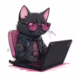 the cat in glasses is sitting at the laptop