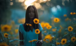 a woman standing in the sun between sunflowers