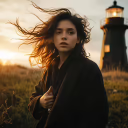 a woman with long hair near a lighthouse