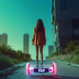 a woman in an orange shirt rides an electric skateboard