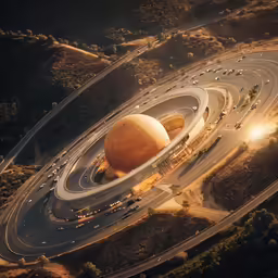 a highway is winding through an area with several large circles