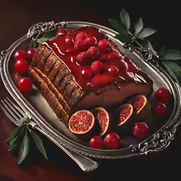 a piece of chocolate cake with raspberries on top and a slice of cake with icing