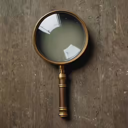 a wooden table with a magnifying glass on it