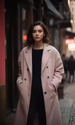 a woman is walking down a city street
