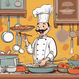 an illustration of a cook standing over a table full of food,a man holding a tray with food in it